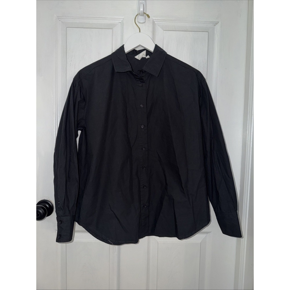 Julia Amory Solid Black Cotton Button Up Collared Career Blouse Minimalist Sz S